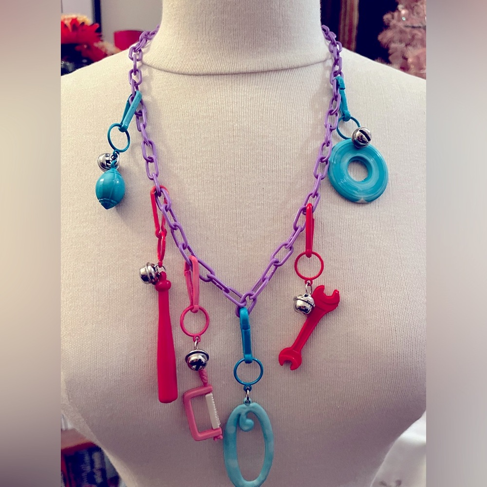 80s Vintage Purple chain plastic Clip On Bell Charm Necklace With Extra Pieces